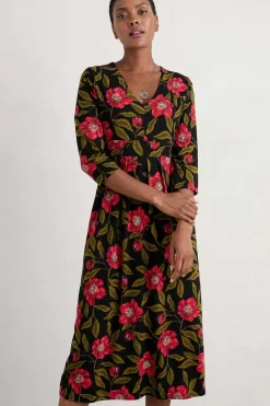 Flower Bud Jersey V- Neck Midi Dress