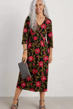 Flower Bud Jersey V- Neck Midi Dress